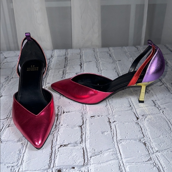 Le Clique Kat Maconie Pink Metallic Flared Tapered Stiletto Heels Pumps sz 9 US - Picture 2 of 16
